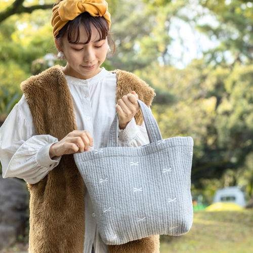 名入れができる！グレー リボン柄 韓国直輸入 ふんわり柔らか