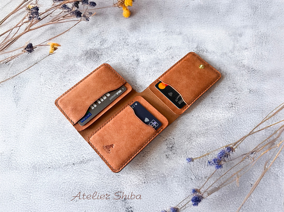 三つ折りカードケース 本革 ｲﾀﾘｱﾝﾚｻﾞｰ Brown ブラウン 名刺入れ