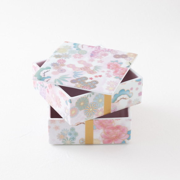 豪華な振袖花柄デザインの二段角重 磁器 二段重 四角 ひな祭り おせち