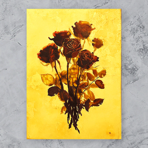 赤いバラの花束の絵-金色の花の絵※純金箔使用 絵画 開運絵師工房 通販