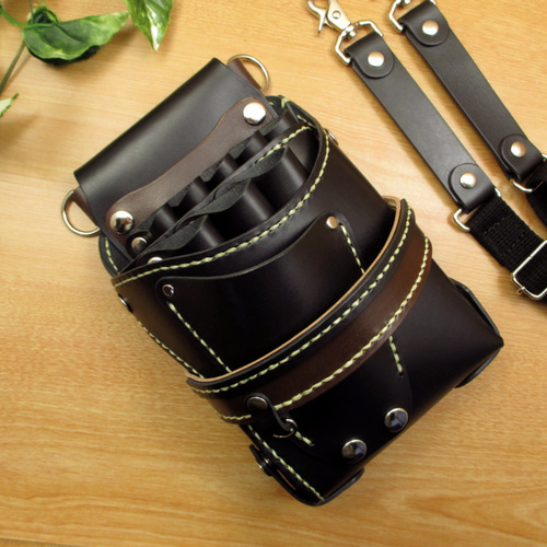 本革 ハンドメイド 8丁差し シザーケース (ブラック×ダークブラウン