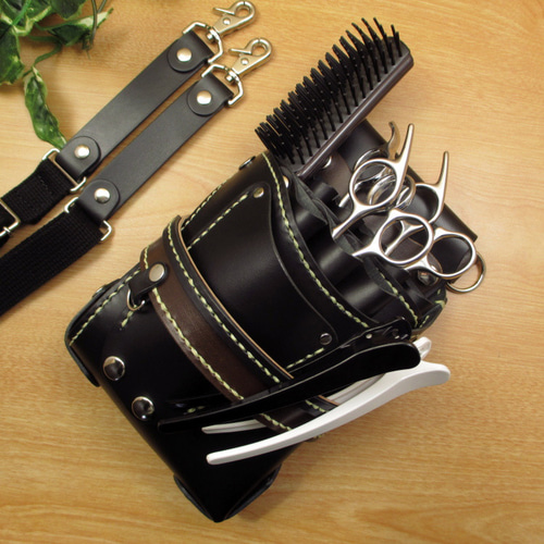 本革 ハンドメイド 8丁差し シザーケース (ブラック×ダークブラウン