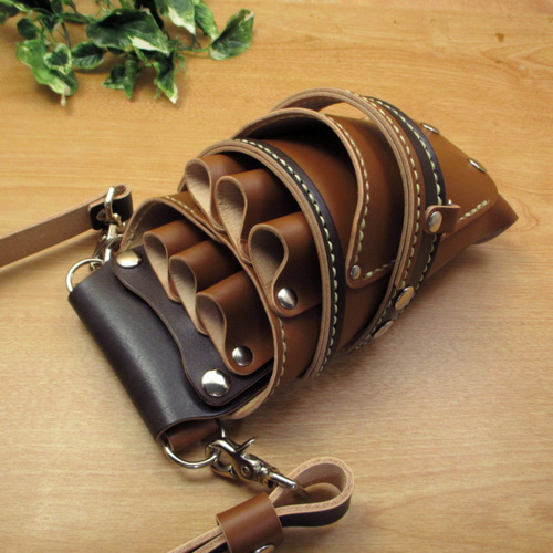 本革 6丁差し シザーケース [革ベルト付き] (キャメル×焦げ茶) SCL