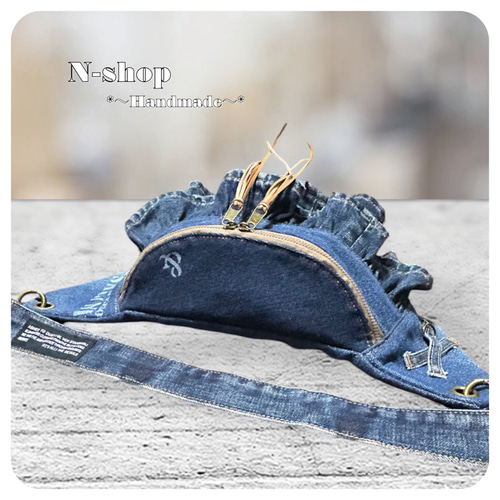 ☆デニムリメイク☆2段フリル*ボディバッグ❥ハンドメイド❥ ボディ