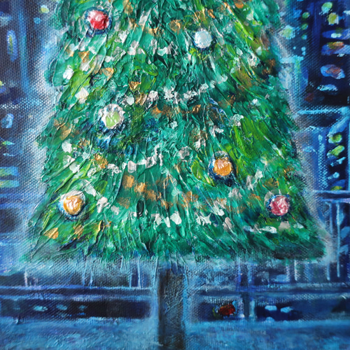 原画「クリスマスに輝く夜の街の空で」 F8号 #絵画 #ねこ #天使猫 #猫