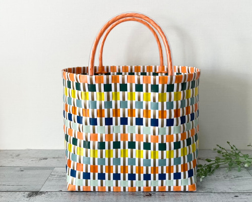 即納】プラカゴバッグ Lサイズ マルチボーダー柄 オレンジ系 プラカゴ