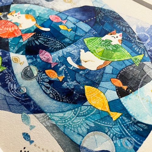 絵画「雨上がりの虹の魚とネコたち」 絵画 伊藤彩恵子 通販 18689864