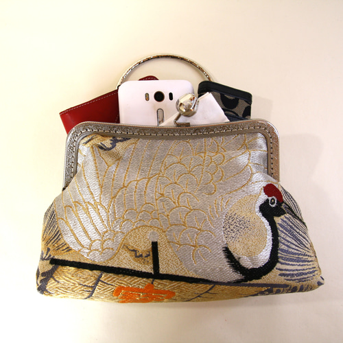 アンティーク帯リメイク礼装バック/銀の鶴/和装バッグ/スマホ入ります