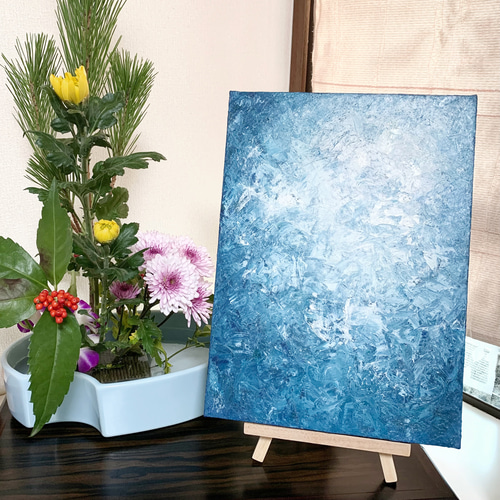 原画 油絵 青の彼方 海のアート 絵画 抽象画 F4号 青緑×白 モダン