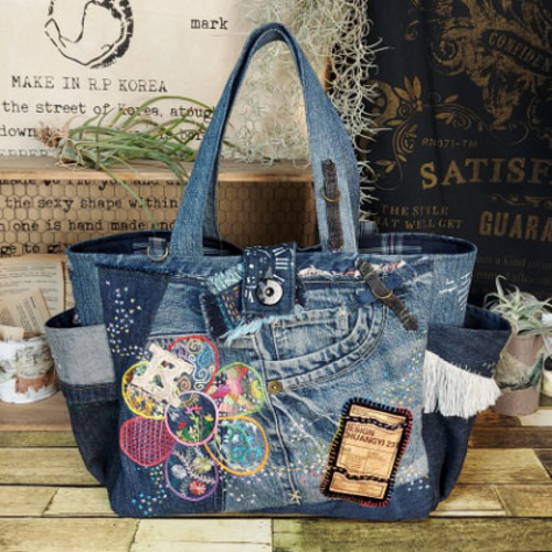 刺繍デニムバック No.574 デニムリメイク ショルダーバッグ 刺繍バック