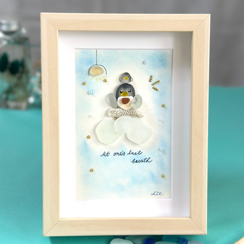 シーグラスアート no.47 『一息つかせて、、』ペンギン 親子 ママ 子供