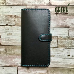 サイドポケット付き 栃木レザー ネイビー×レッド iPhoneケース