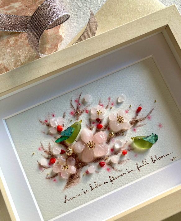 梅と鶯 シーグラス／天然石／フレームアート／壁掛け／手描き／春／花