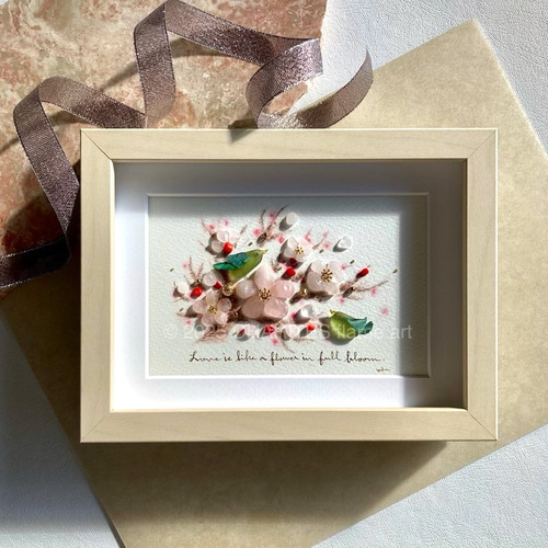 梅と鶯 シーグラス／天然石／フレームアート／壁掛け／手描き／春／花