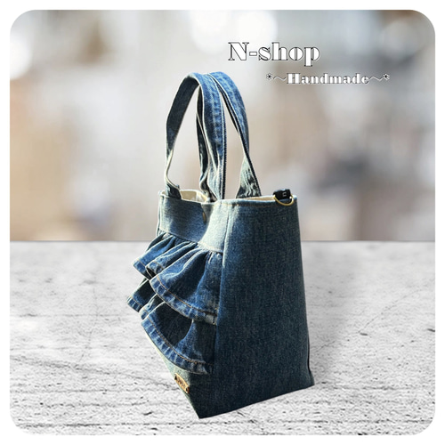 デニムリメイク2段フリル*トートバッグ❥ハンドメイド❥ トートバッグ