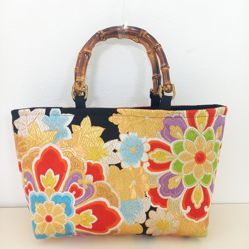 袋帯 帯リメイクバッグ バンブーハンドル 大きな花柄 トートバッグ