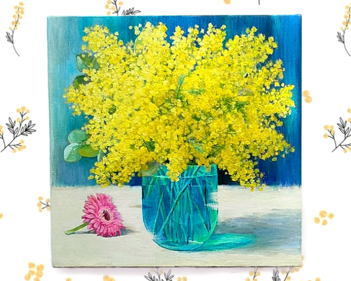 一点物】『 ミモザと青い花瓶 』油絵 S6号 油彩 インテリアアート