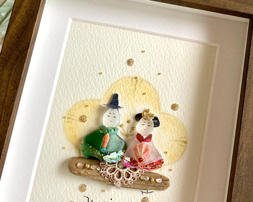 寄り添い雛 シーグラス／天然石／フレームアート／壁掛け／原画