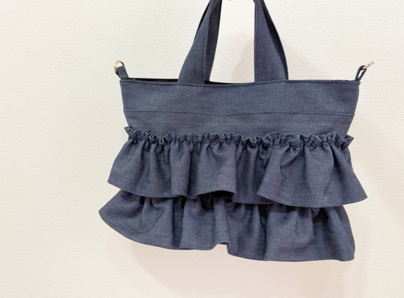 MITA】たっぷりフリルのデニムフリルバッグ/ショルダーにも トート