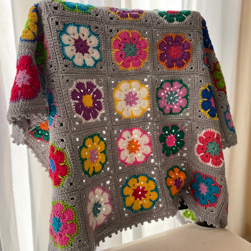 再販 カラフルひざ掛け モチーフブランケット ひざ掛け かぎ針編み