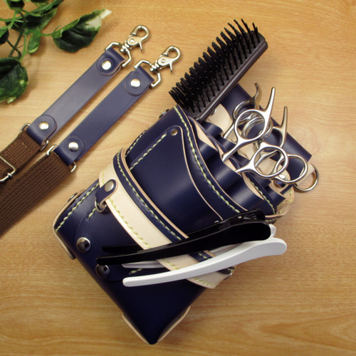 本革 ハンドメイド 8丁差し シザーケース (ネイビー×ナチュラル) SCA