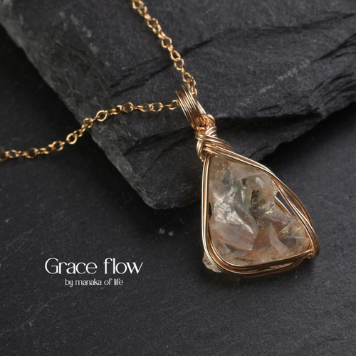 オレゴンサンストーン 原石 鉱物 ワイヤーラッピング ネックレス 14kgf