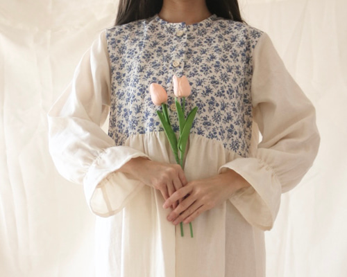 アンティーク調フランスブルー 冬の国産ダブルガーゼ ネグリジェ