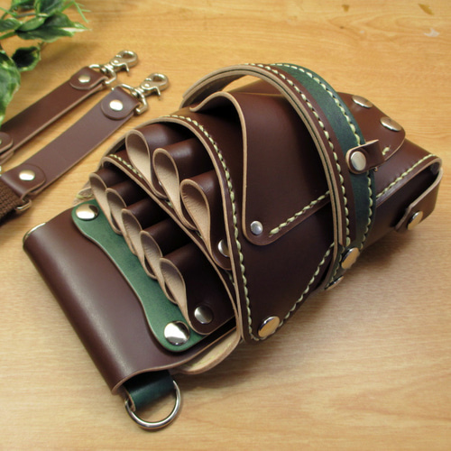 本革 ハンドメイド 8丁差し シザーケース (ブラウン×ディープグリーン