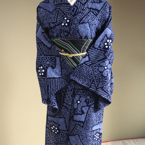 ◇現代 有松鳴海絞 浴衣◇【グレーネイビー赤紫】細かい絞りで表現され