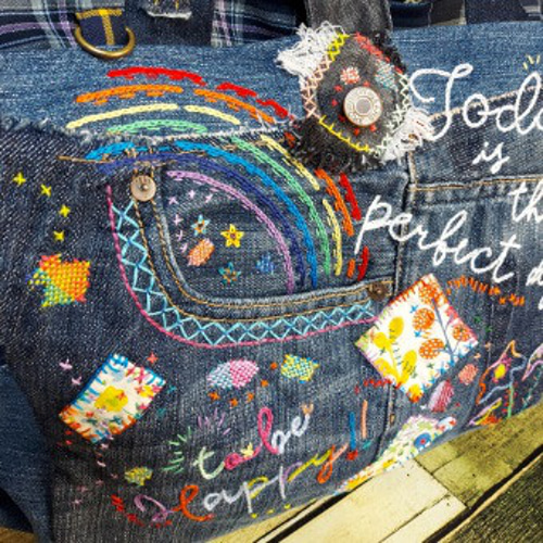 刺繍デニムバック No.524 デニムリメイク ショルダーバッグ サイド