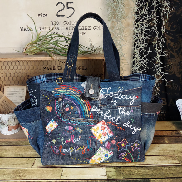 刺繍デニムバック No.524 デニムリメイク ショルダーバッグ サイド