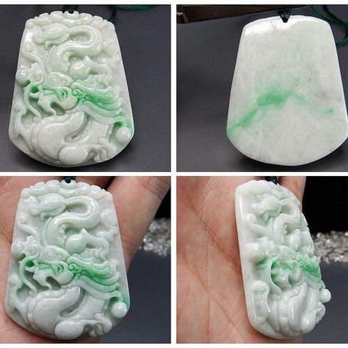 一点物緑入りひすい本翡翠天然石風水龍彫刻ペンダントトップ紐