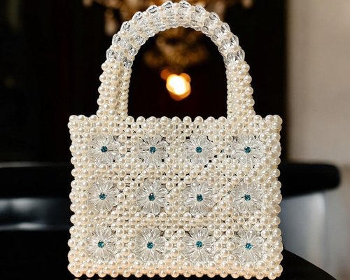 再販】クリスタルフラワーのパールビーズバッグ【ビーズバッグ