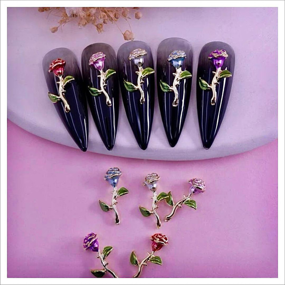 P366紫《1個》ネイルパーツ 薔薇 高品質 春夏 ばら 花 金 ゴールド