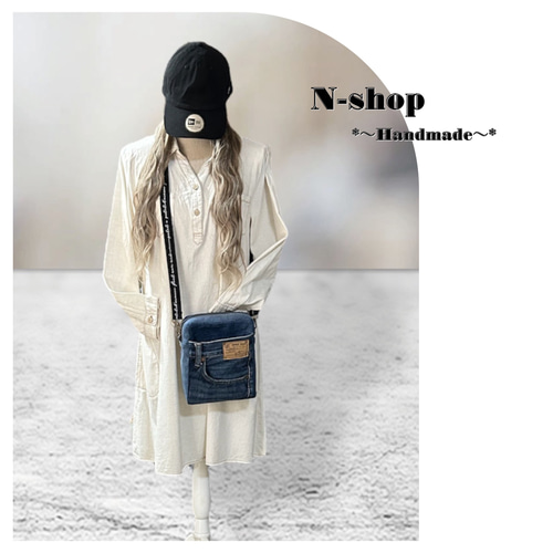 デニムリメイク♪ファスナー*スクエアショルダーバッグ❥ハンドメイド