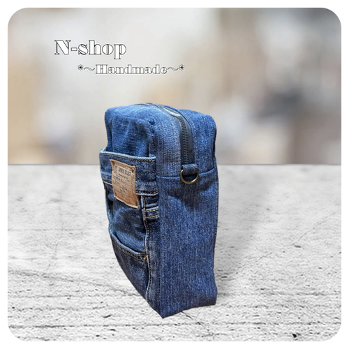 デニムリメイク♪ファスナー*スクエアショルダーバッグ❥ハンドメイド
