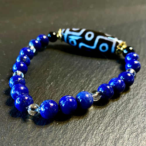 九眼天珠 ラピスラズリ モリオン 光波動 ブレスレット B0824-01