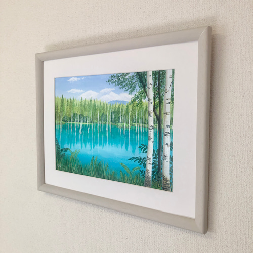 美瑛・青い池04」アクリル画 原画 風景画 額縁付 F4サイズ 絵画 Oni