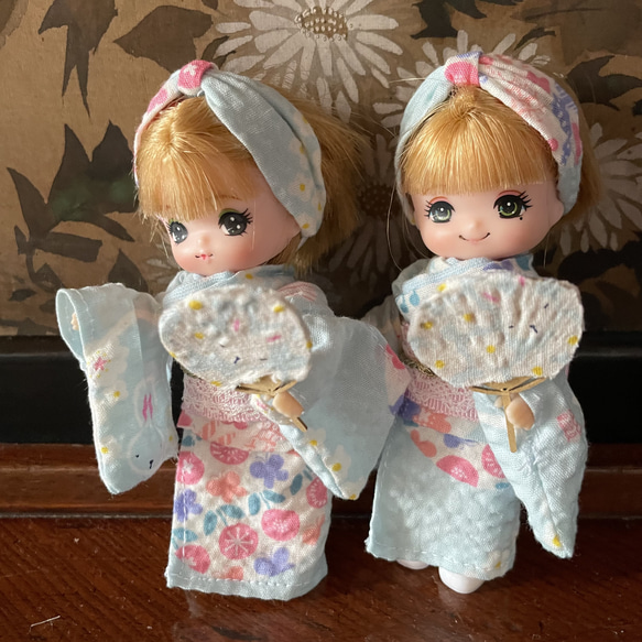 M2414ミキちゃんマキちゃん ハンドメイド服 浴衣 帯 うさぎと花柄