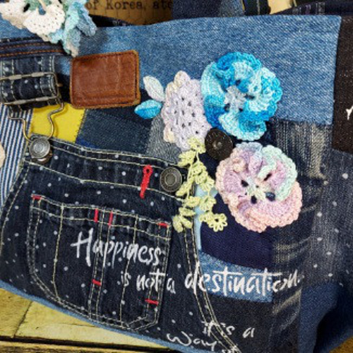 刺繍デニムバック No.638 デニムリメイク チューリップバック 刺繍