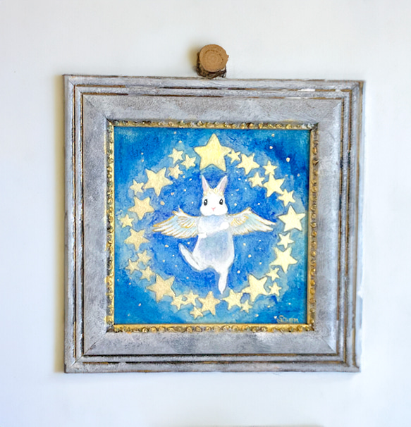 星の輪」 /日本画 原画 アンティーク インテリアアート うさぎ 星 絵