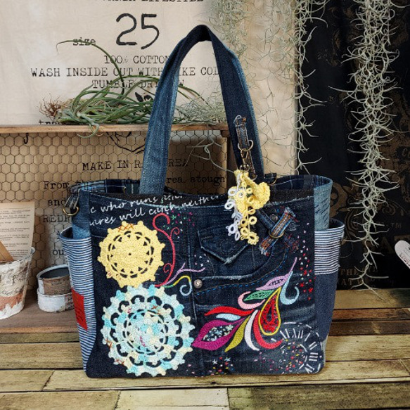 刺繍デニムバック No.539 デニムリメイク ショルダーバッグ サイド