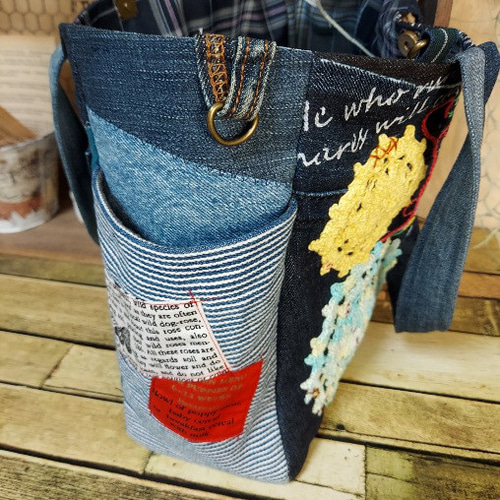 刺繍デニムバック No.539 デニムリメイク ショルダーバッグ サイド
