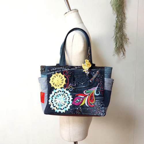 刺繍デニムバック No.539 デニムリメイク ショルダーバッグ サイド