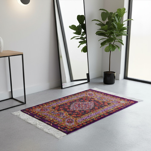 ペルシャ絨毯 クム シルク タバタバイ工房 玄関マット 薔薇(バラ) 花柄