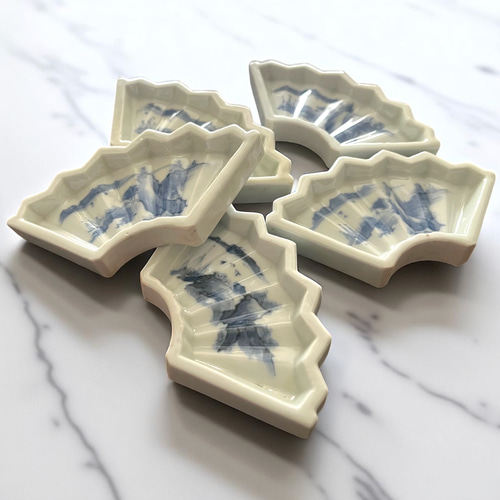 お得＞伊万里染付扇型豆皿5枚 江戸幕末期 薬味皿・豆皿 antique art