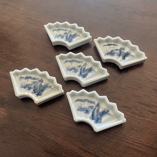 お得＞伊万里染付扇型豆皿5枚 江戸幕末期 薬味皿・豆皿 antique art