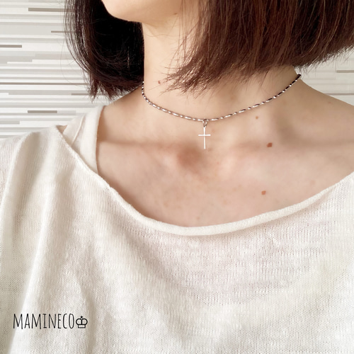 オールステンレス製 クロスネックレス 変形ボールチェーンチョーカー