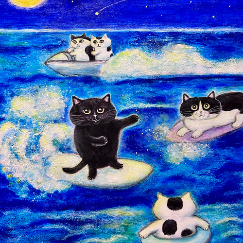 原画「星空の海のモノトーンキャッツ」 F10号 #猫の絵 #ねこ #海 #猫