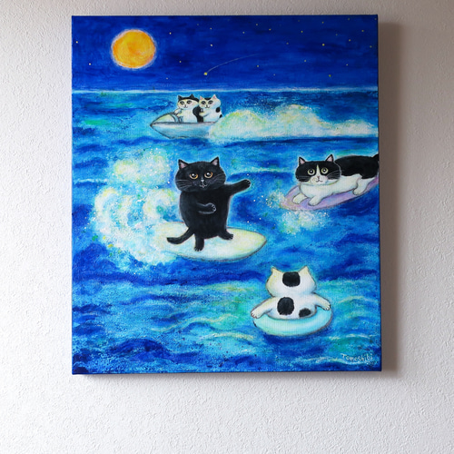 原画「星空の海のモノトーンキャッツ」 F10号 #猫の絵 #ねこ #海 #猫